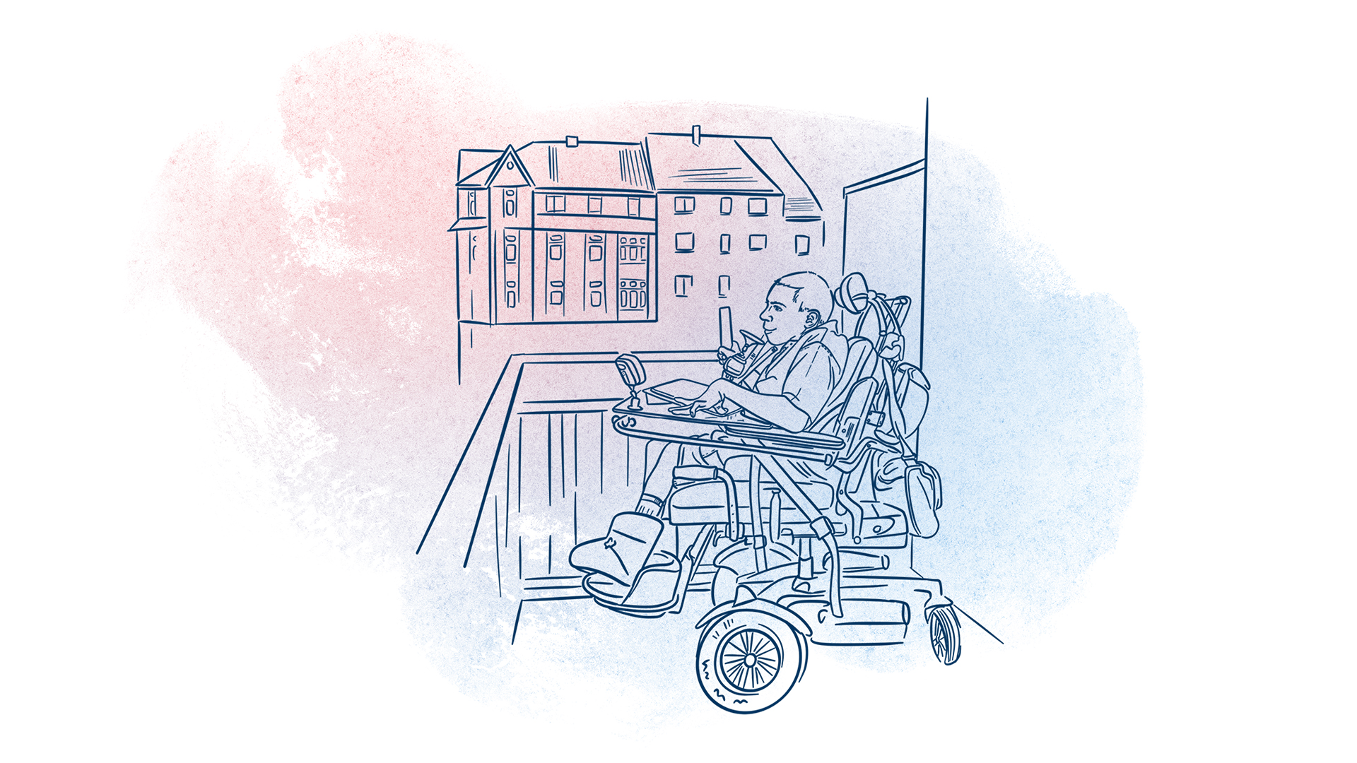 Illustration von einem jungen Mann in einem Rollstuhl auf einem Balkon