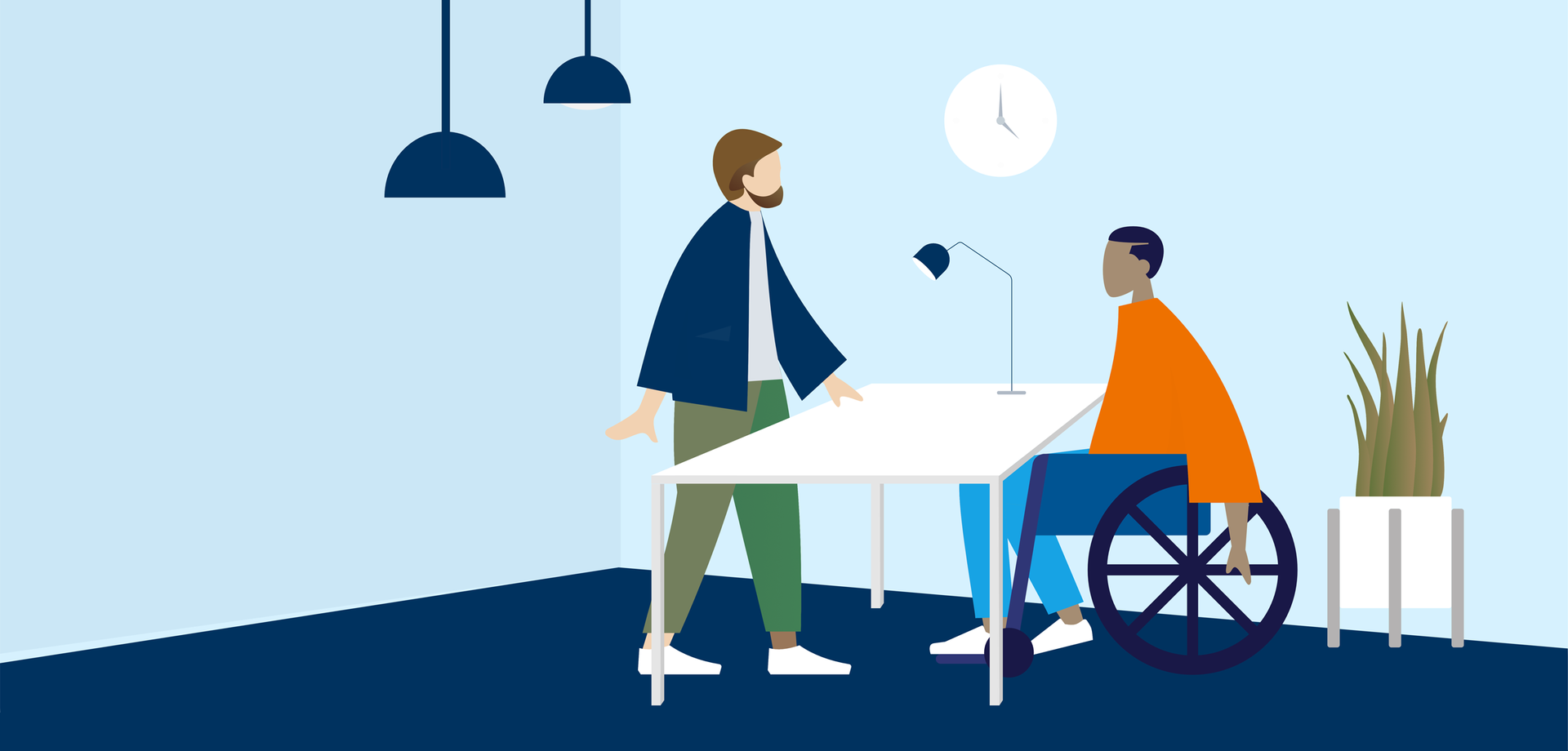 Grafische Darstellung zweier Personen, davon eine im Rollstuhl, die sich unterhalten.