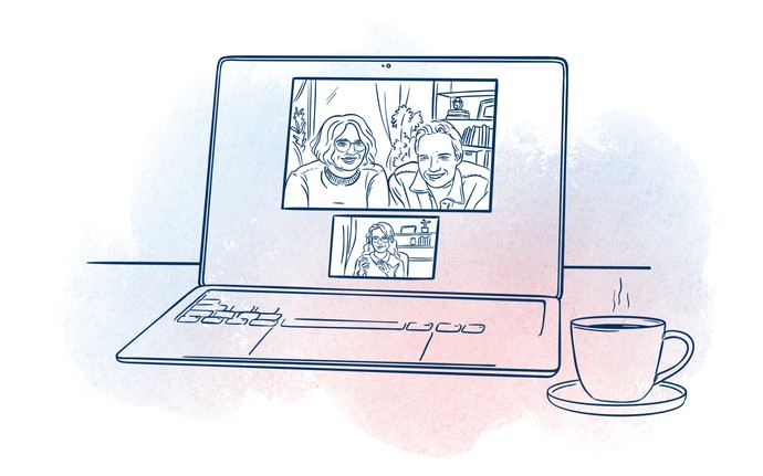 Illustration von einem Laptop, auf dem eine Videokonferenz zur Bedarfsermittlung mit einer Frau, einem Mann und einer Teilhabeplanerin zu sehen ist